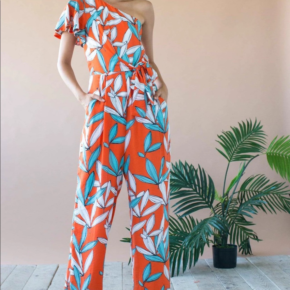 Orange and Blue One Shoulder Jumpsuit - Size Small